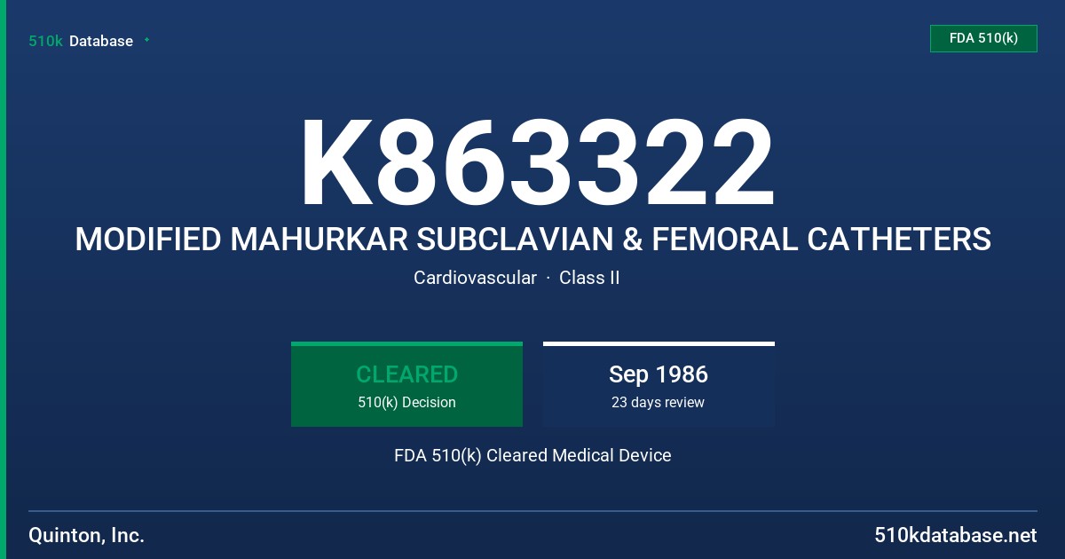 K863322 MODIFIED MAHURKAR SUBCLAVIAN & FEMORAL CATHETERS FDA 510(k) Cleared Medical Device