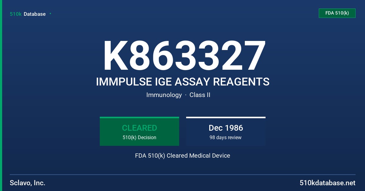 K863327 IMMPULSE IGE ASSAY REAGENTS FDA 510(k) Cleared Medical Device