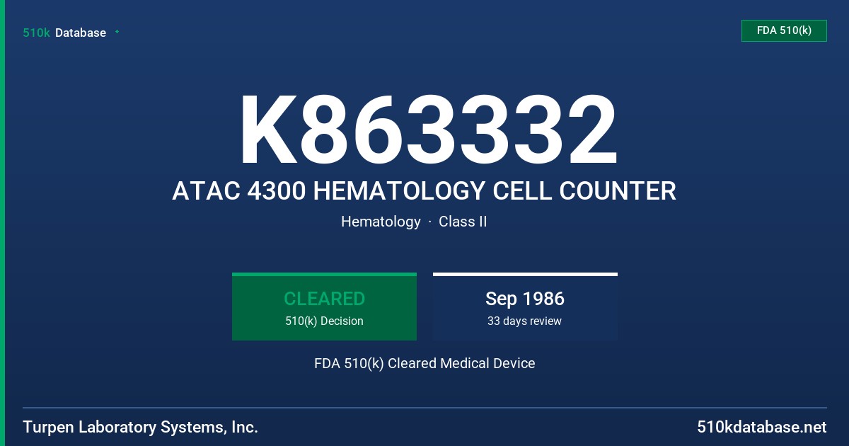 K863332 ATAC 4300 HEMATOLOGY CELL COUNTER FDA 510(k) Cleared Medical Device