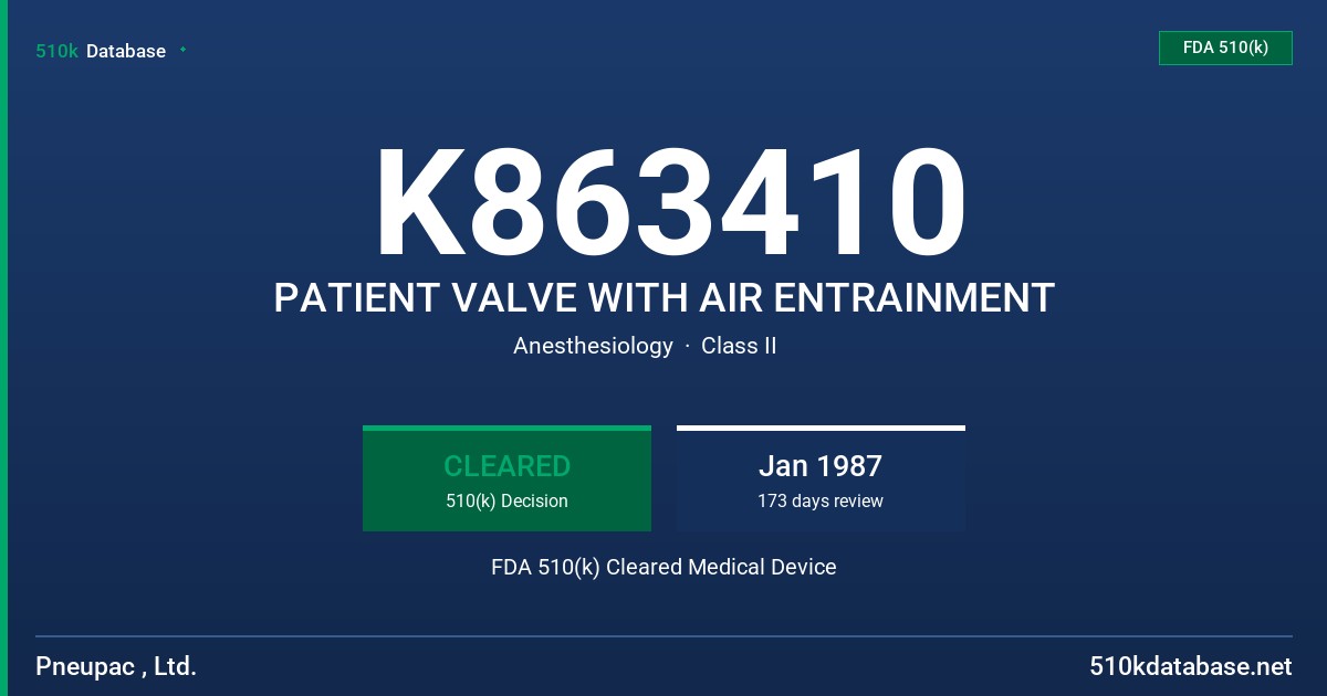 K863410 PATIENT VALVE WITH AIR ENTRAINMENT FDA 510(k) Cleared Medical Device