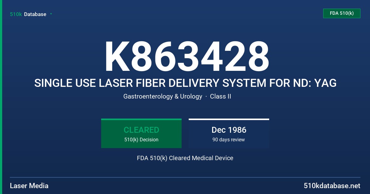 K863428 SINGLE USE LASER FIBER DELIVERY SYSTEM FOR ND: YAG FDA 510(k) Cleared Medical Device