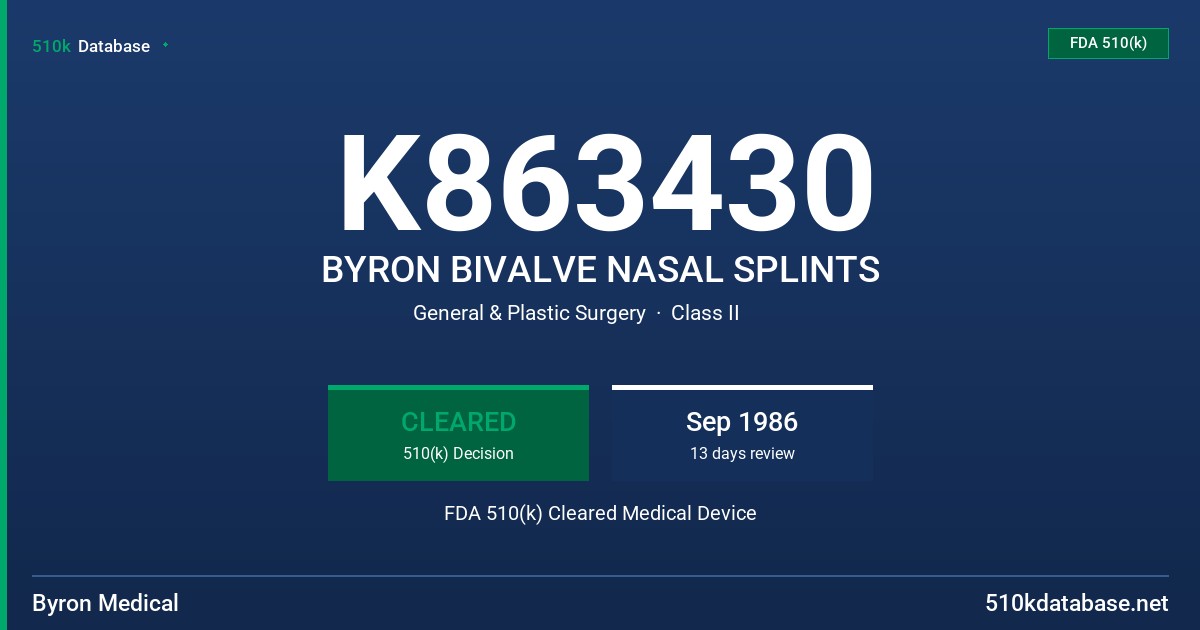 K863430 BYRON BIVALVE NASAL SPLINTS FDA 510(k) Cleared Medical Device