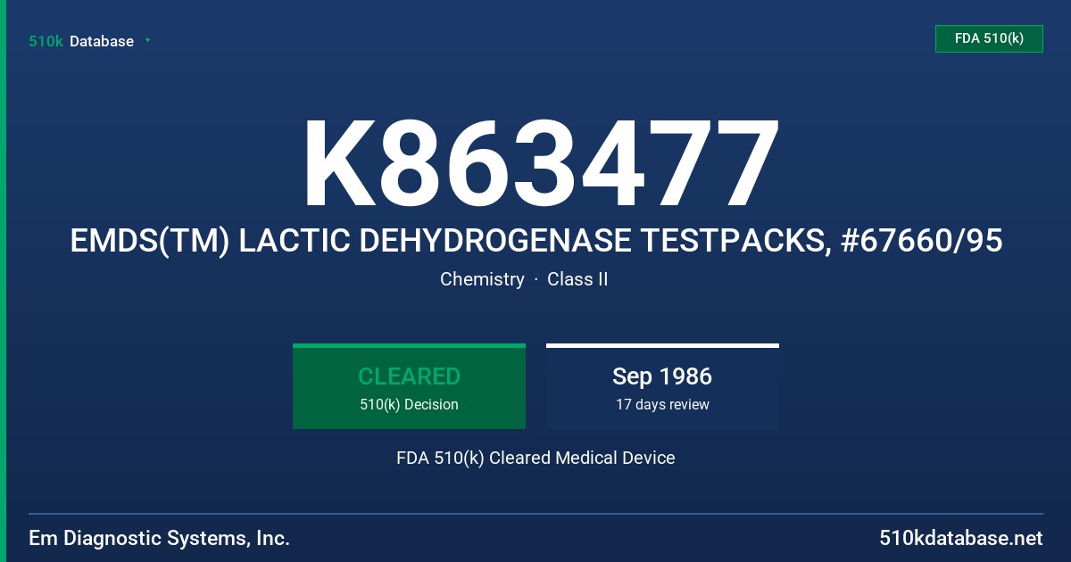 K863477 EMDS(TM) LACTIC DEHYDROGENASE TESTPACKS, #67660/95 FDA 510(k) Cleared Medical Device