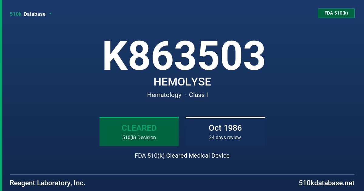 K863503 HEMOLYSE FDA 510(k) Cleared Medical Device