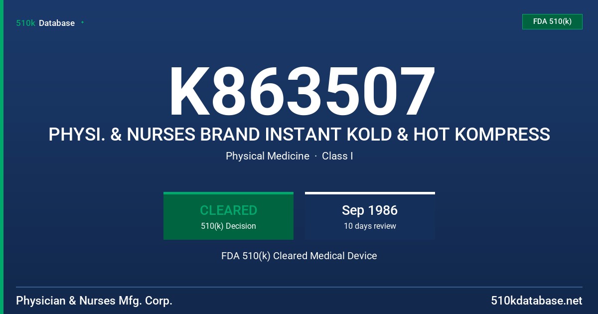 K863507 PHYSI. & NURSES BRAND INSTANT KOLD & HOT KOMPRESS FDA 510(k) Cleared Medical Device