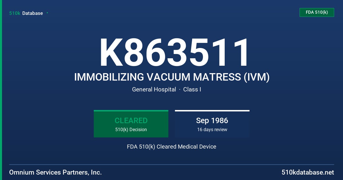K863511 IMMOBILIZING VACUUM MATRESS (IVM) FDA 510(k) Cleared Medical Device