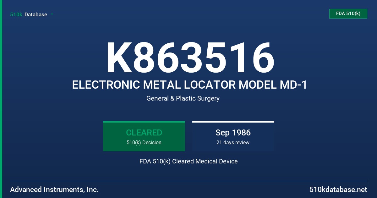 K863516 ELECTRONIC METAL LOCATOR MODEL MD-1 FDA 510(k) Cleared Medical Device