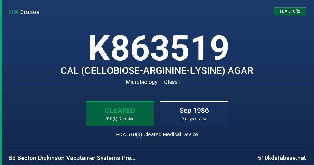 K863519 CAL (CELLOBIOSE-ARGININE-LYSINE) AGAR FDA 510(k) Cleared Medical Device