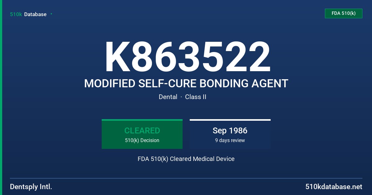 K863522 MODIFIED SELF-CURE BONDING AGENT FDA 510(k) Cleared Medical Device