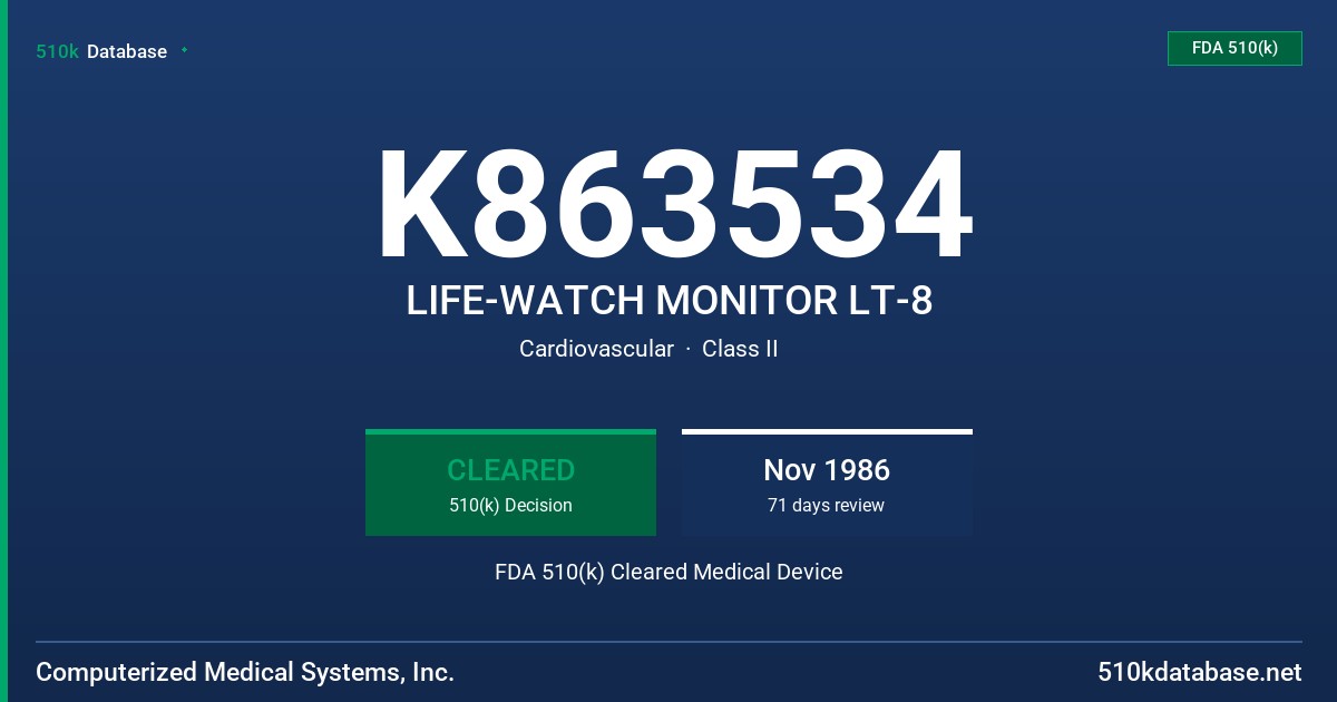 K863534 LIFE-WATCH MONITOR LT-8 FDA 510(k) Cleared Medical Device