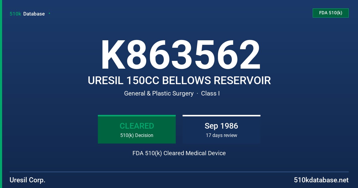 K863562 URESIL 150CC BELLOWS RESERVOIR FDA 510(k) Cleared Medical Device