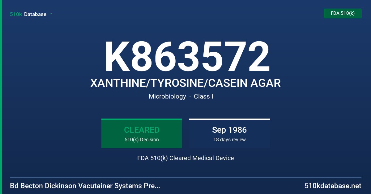 K863572 XANTHINE/TYROSINE/CASEIN AGAR FDA 510(k) Cleared Medical Device