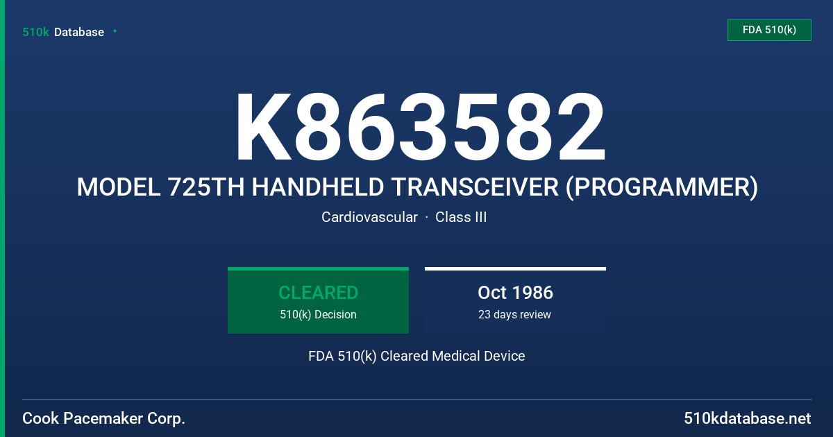 K863582 MODEL 725TH HANDHELD TRANSCEIVER (PROGRAMMER) FDA 510(k) Cleared Medical Device