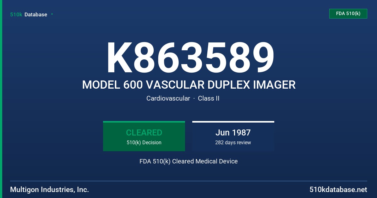 K863589 MODEL 600 VASCULAR DUPLEX IMAGER FDA 510(k) Cleared Medical Device
