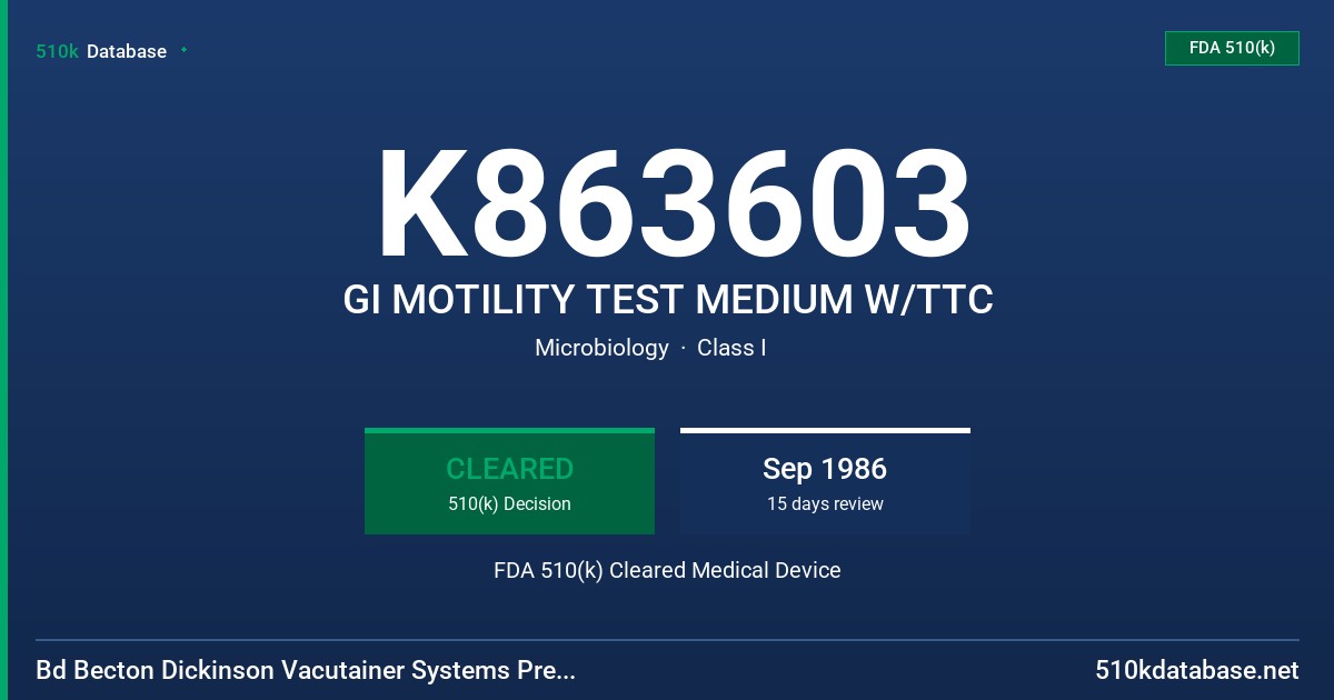 K863603 GI MOTILITY TEST MEDIUM W/TTC FDA 510(k) Cleared Medical Device