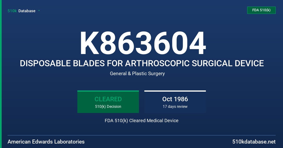 K863604 DISPOSABLE BLADES FOR ARTHROSCOPIC SURGICAL DEVICE FDA 510(k) Cleared Medical Device