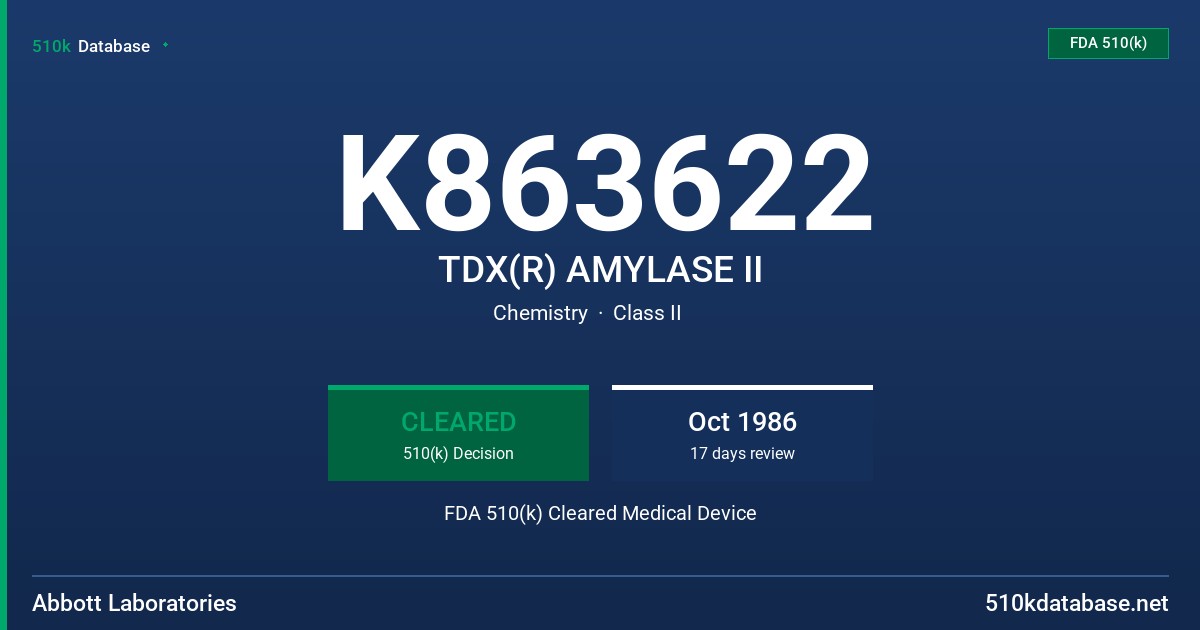 K863622 TDX(R) AMYLASE II FDA 510(k) Cleared Medical Device