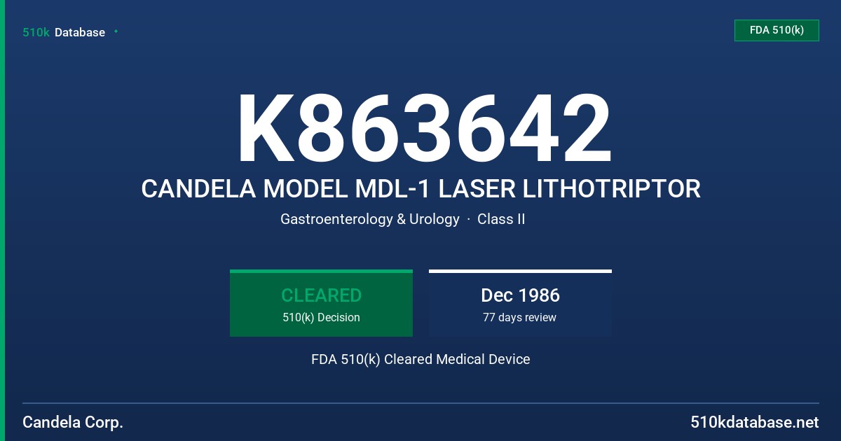 K863642 CANDELA MODEL MDL-1 LASER LITHOTRIPTOR FDA 510(k) Cleared Medical Device