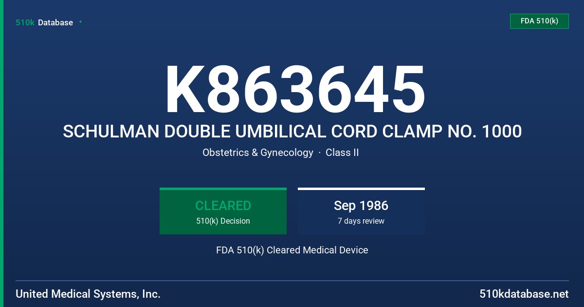 K863645 SCHULMAN DOUBLE UMBILICAL CORD CLAMP NO. 1000 FDA 510(k) Cleared Medical Device