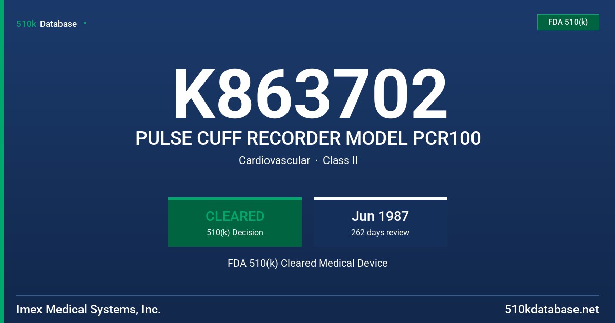 K863702 PULSE CUFF RECORDER MODEL PCR100 FDA 510(k) Cleared Medical Device