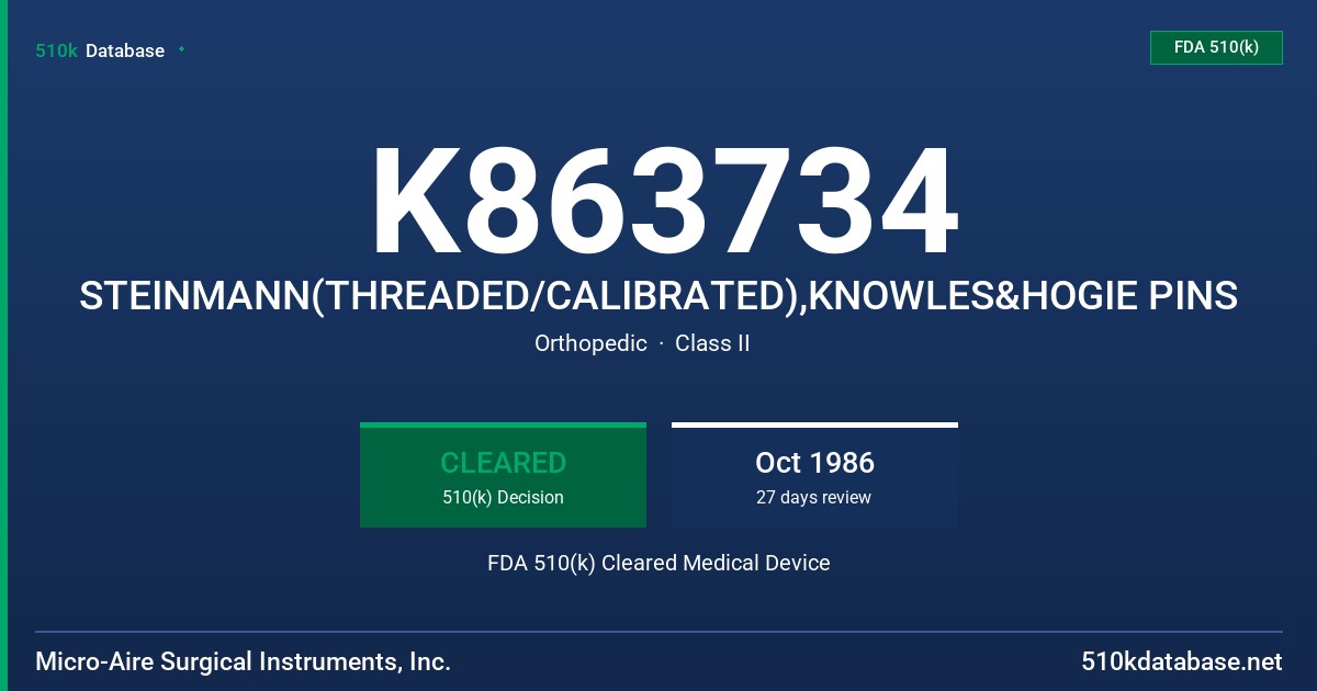 K863734 STEINMANN(THREADED/CALIBRATED),KNOWLES&HOGIE PINS FDA 510(k) Cleared Medical Device