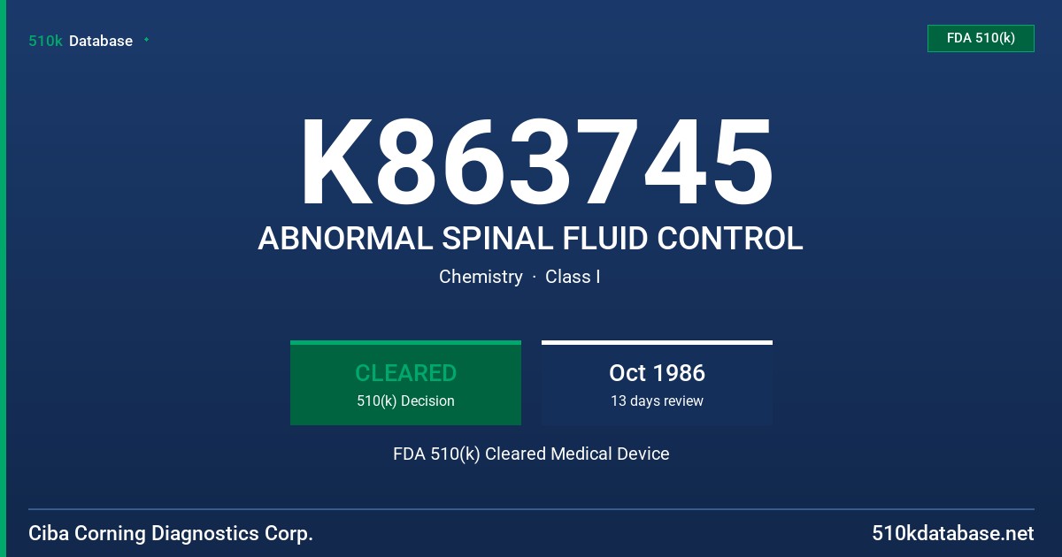 K863745 ABNORMAL SPINAL FLUID CONTROL FDA 510(k) Cleared Medical Device