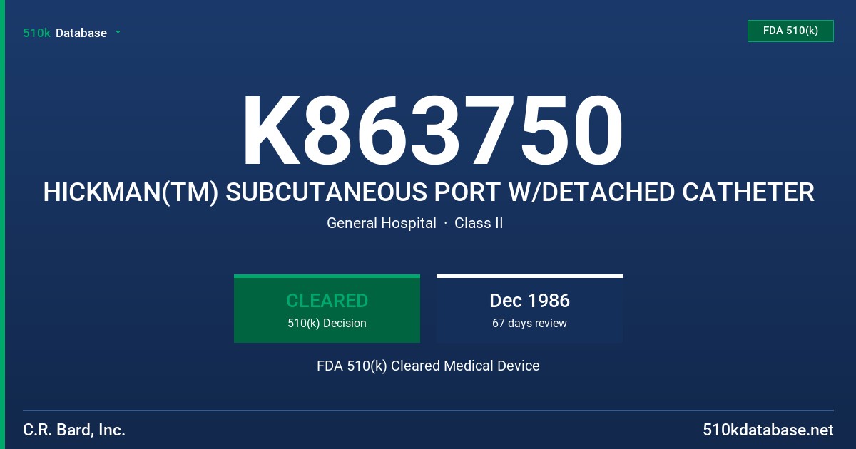 K863750 HICKMAN(TM) SUBCUTANEOUS PORT W/DETACHED CATHETER FDA 510(k) Cleared Medical Device