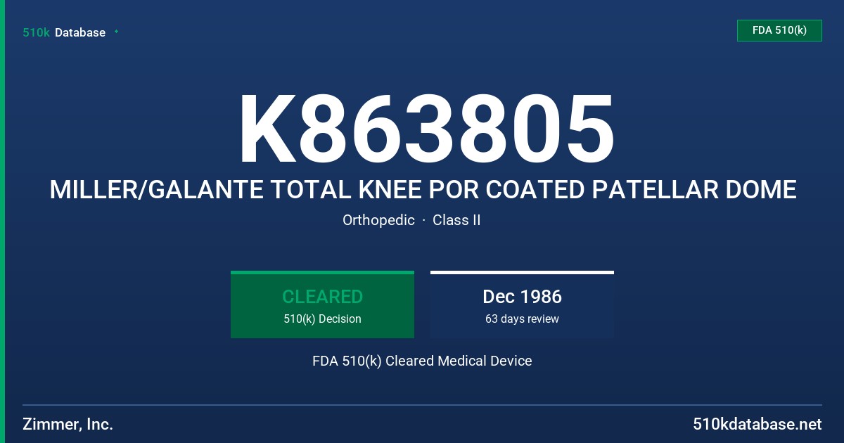 K863805 MILLER/GALANTE TOTAL KNEE POR COATED PATELLAR DOME FDA 510(k) Cleared Medical Device