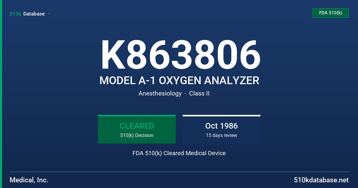 K863806 MODEL A-1 OXYGEN ANALYZER FDA 510(k) Cleared Medical Device