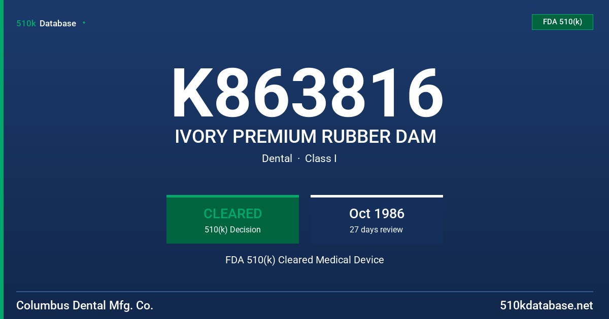K863816 IVORY PREMIUM RUBBER DAM FDA 510(k) Cleared Medical Device
