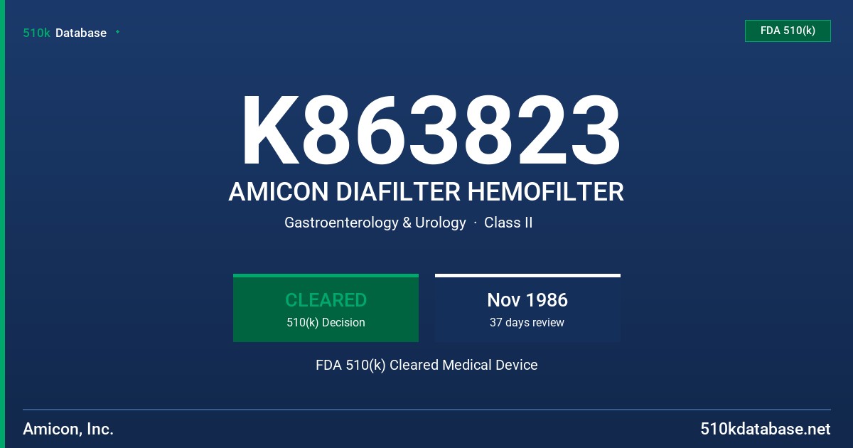 K863823 AMICON DIAFILTER HEMOFILTER FDA 510(k) Cleared Medical Device