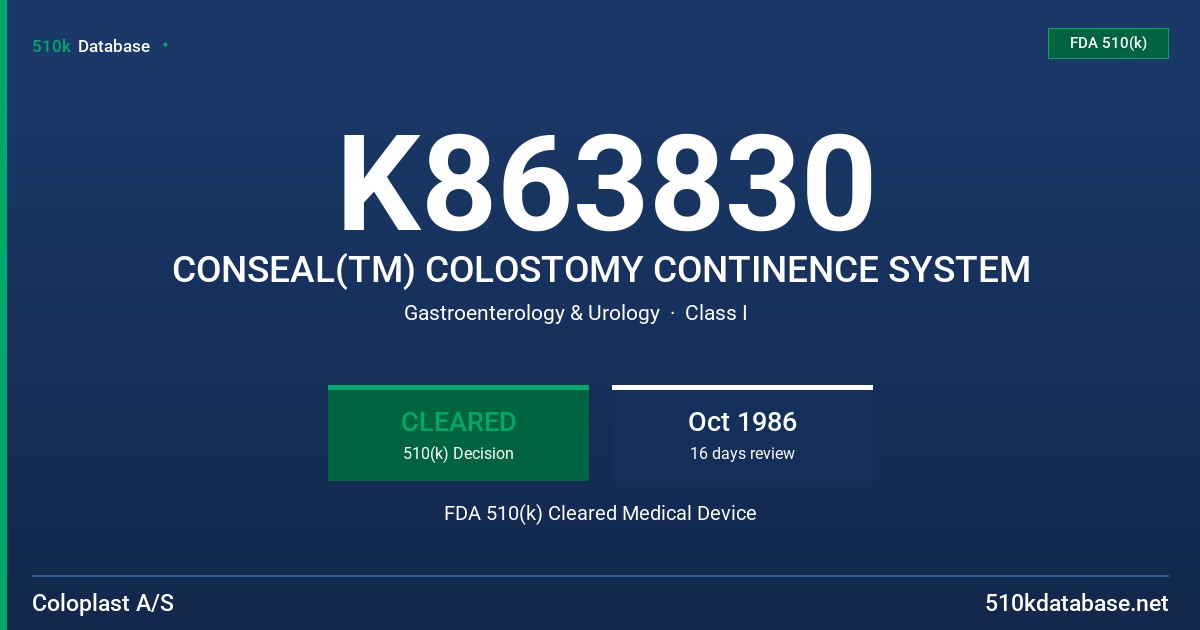 K863830 CONSEAL(TM) COLOSTOMY CONTINENCE SYSTEM FDA 510(k) Cleared Medical Device