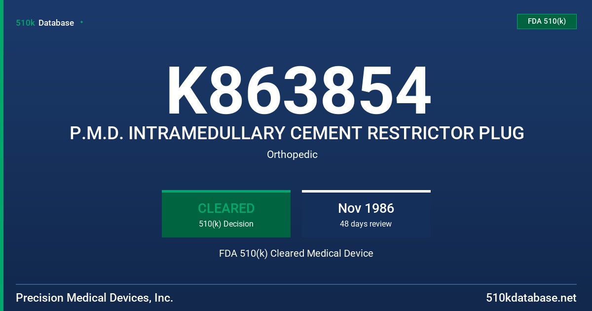 K863854 P.M.D. INTRAMEDULLARY CEMENT RESTRICTOR PLUG FDA 510(k) Cleared Medical Device