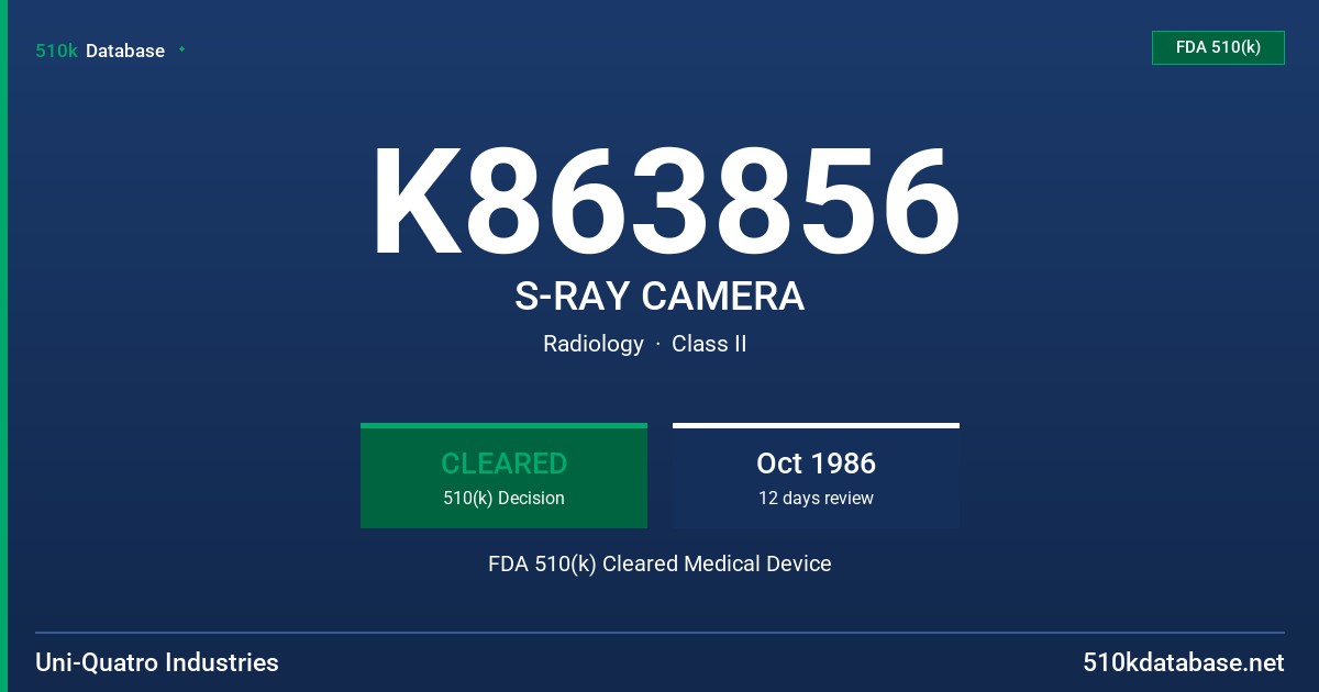 K863856 S-RAY CAMERA FDA 510(k) Cleared Medical Device