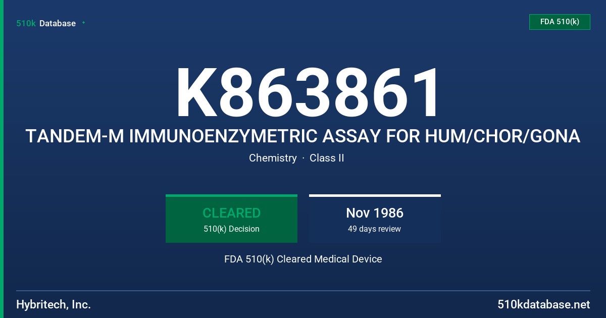K863861 TANDEM-M IMMUNOENZYMETRIC ASSAY FOR HUM/CHOR/GONA FDA 510(k) Cleared Medical Device