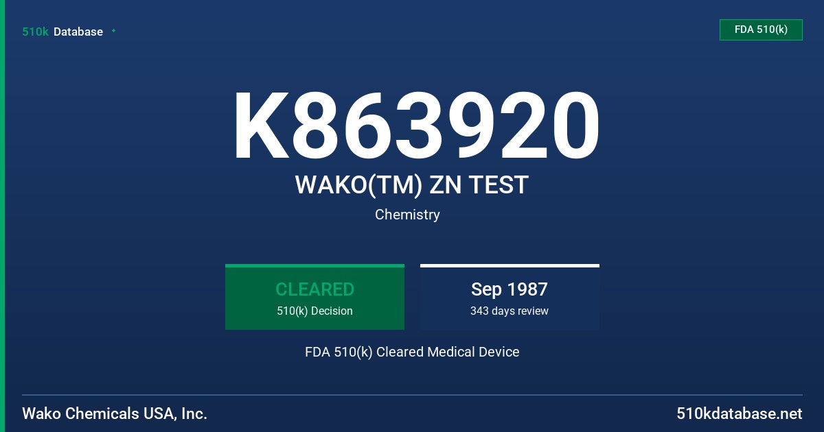 K863920 WAKO(TM) ZN TEST FDA 510(k) Cleared Medical Device