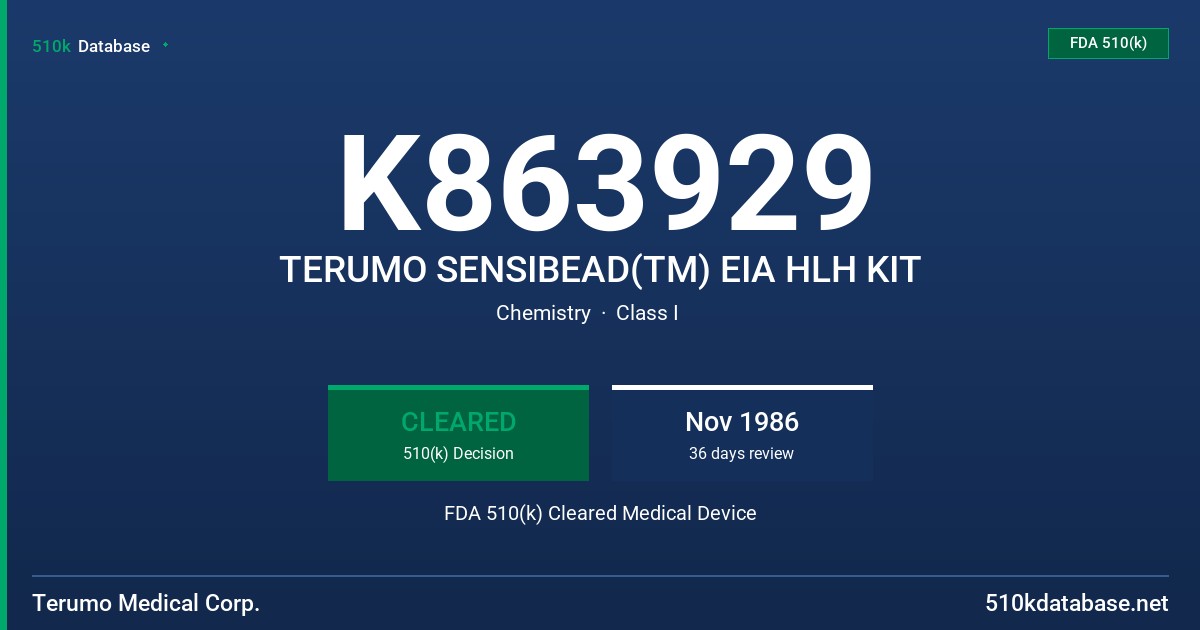 K863929 TERUMO SENSIBEAD(TM) EIA HLH KIT FDA 510(k) Cleared Medical Device