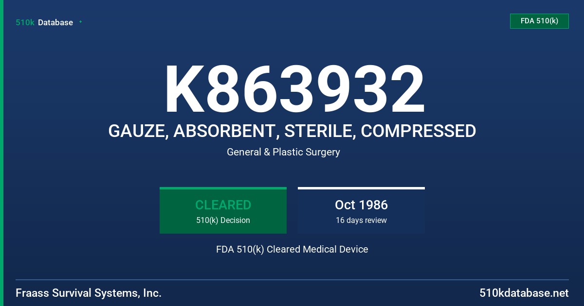 K863932 GAUZE, ABSORBENT, STERILE, COMPRESSED FDA 510(k) Cleared Medical Device