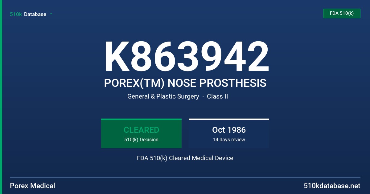 K863942 POREX(TM) NOSE PROSTHESIS FDA 510(k) Cleared Medical Device