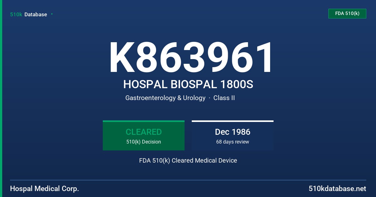 K863961 HOSPAL BIOSPAL 1800S FDA 510(k) Cleared Medical Device