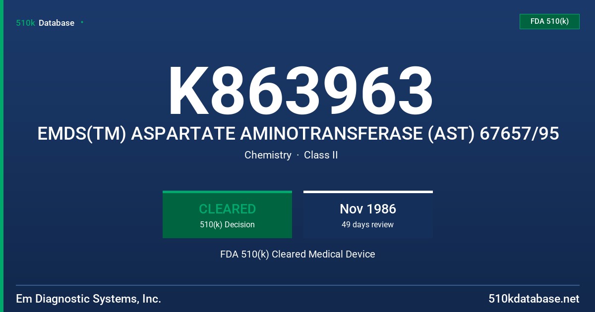 K863963 EMDS(TM) ASPARTATE AMINOTRANSFERASE (AST) 67657/95 FDA 510(k) Cleared Medical Device