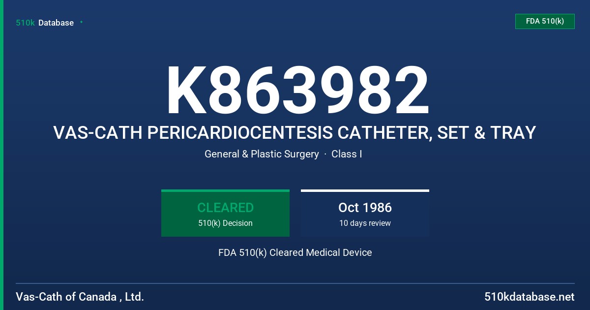 K863982 VAS-CATH PERICARDIOCENTESIS CATHETER, SET & TRAY FDA 510(k) Cleared Medical Device