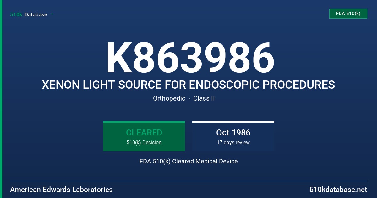 K863986 XENON LIGHT SOURCE FOR ENDOSCOPIC PROCEDURES FDA 510(k) Cleared Medical Device