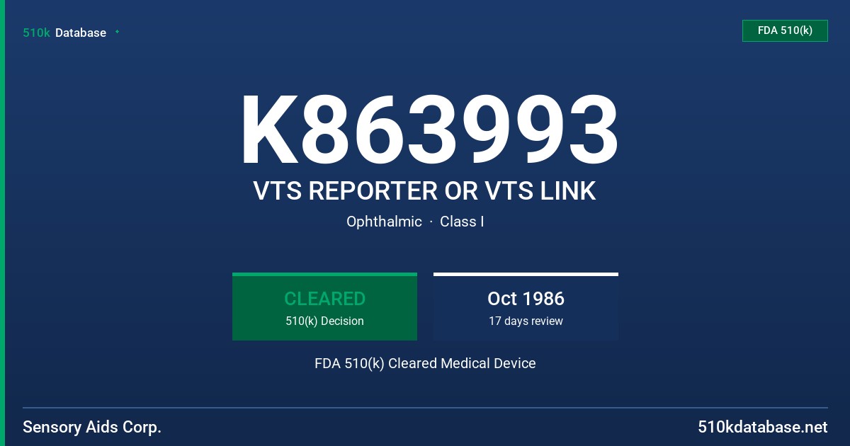 K863993 VTS REPORTER OR VTS LINK FDA 510(k) Cleared Medical Device