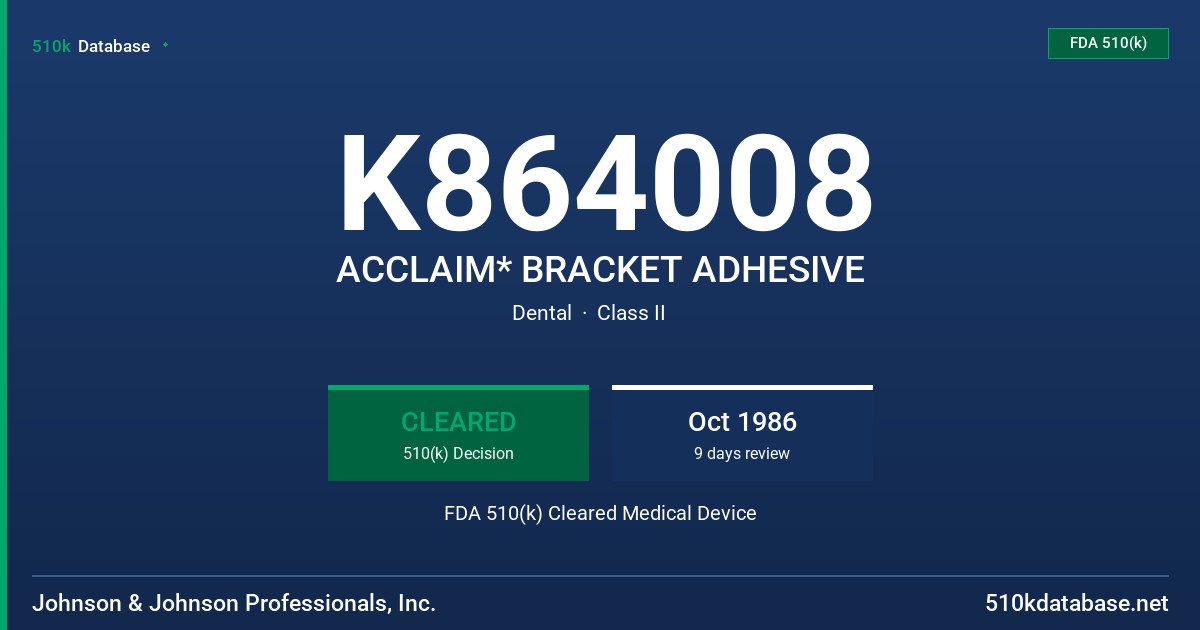 K864008 ACCLAIM* BRACKET ADHESIVE FDA 510(k) Cleared Medical Device