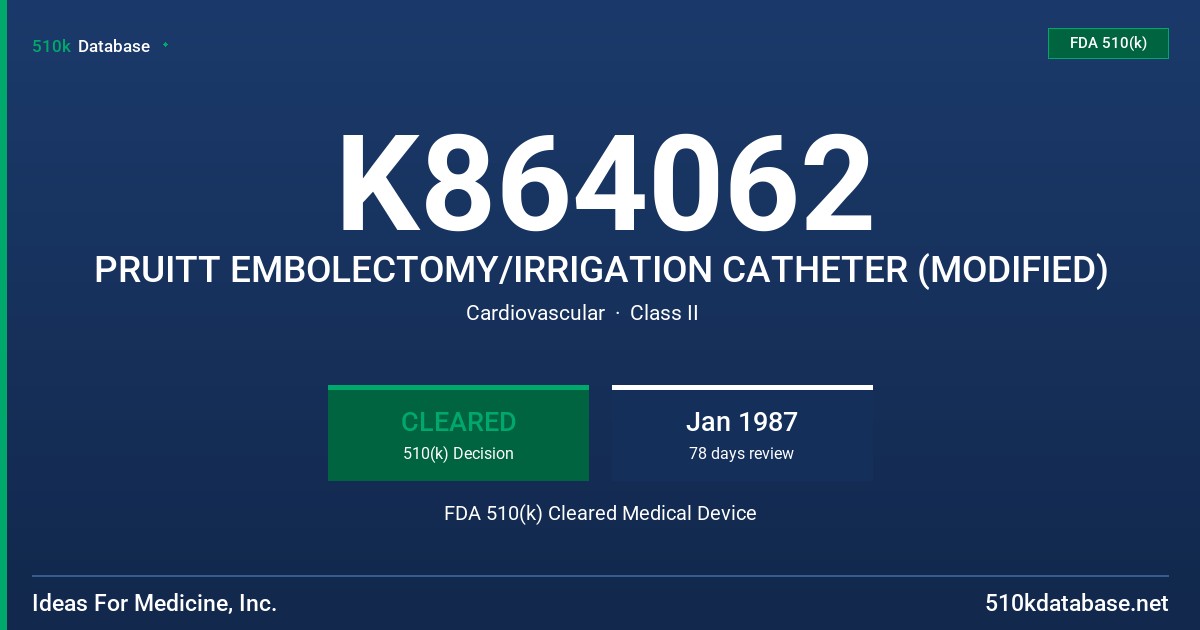 K864062 PRUITT EMBOLECTOMY/IRRIGATION CATHETER (MODIFIED) FDA 510(k) Cleared Medical Device
