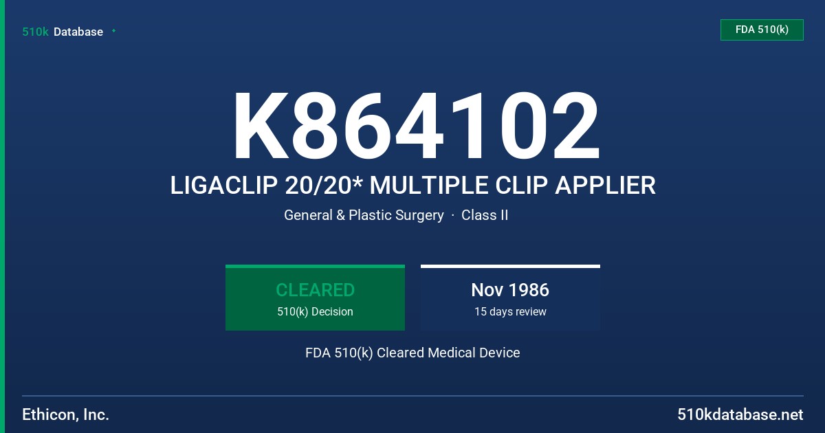 K864102 LIGACLIP 20/20* MULTIPLE CLIP APPLIER FDA 510(k) Cleared Medical Device