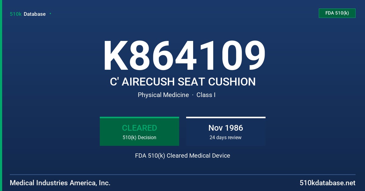 K864109 C' AIRECUSH SEAT CUSHION FDA 510(k) Cleared Medical Device