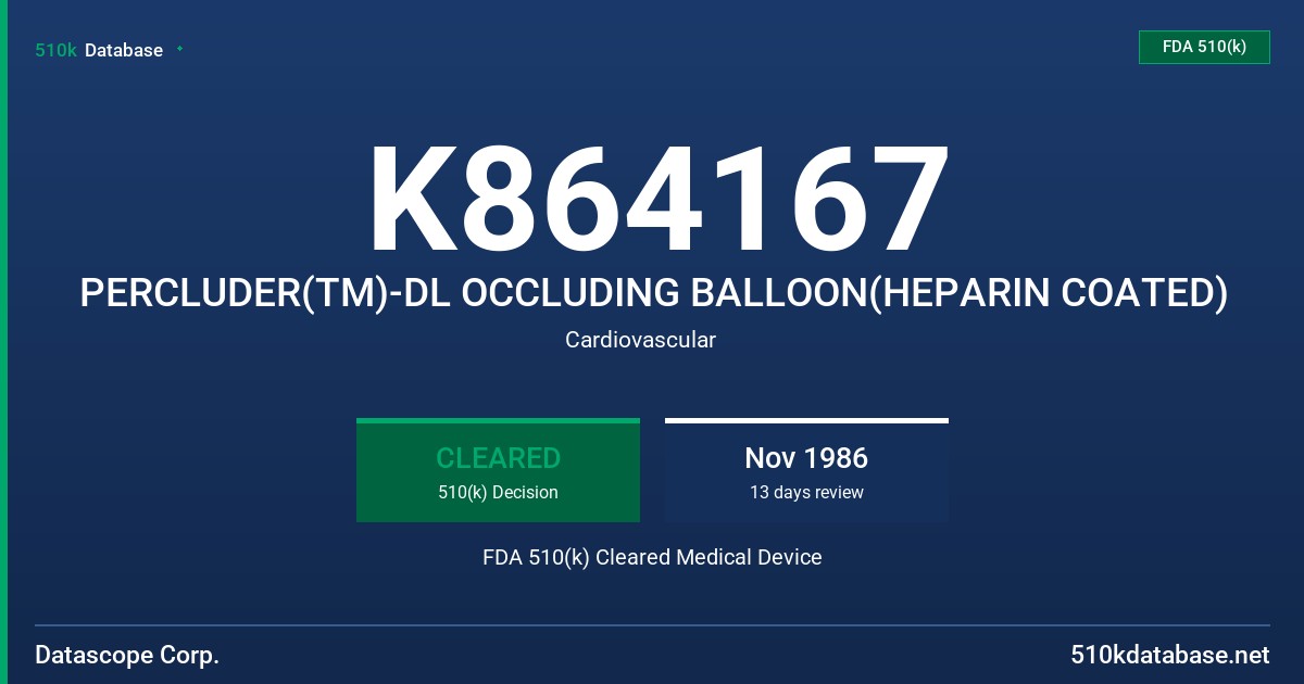 K864167 PERCLUDER(TM)-DL OCCLUDING BALLOON(HEPARIN COATED) FDA 510(k) Cleared Medical Device
