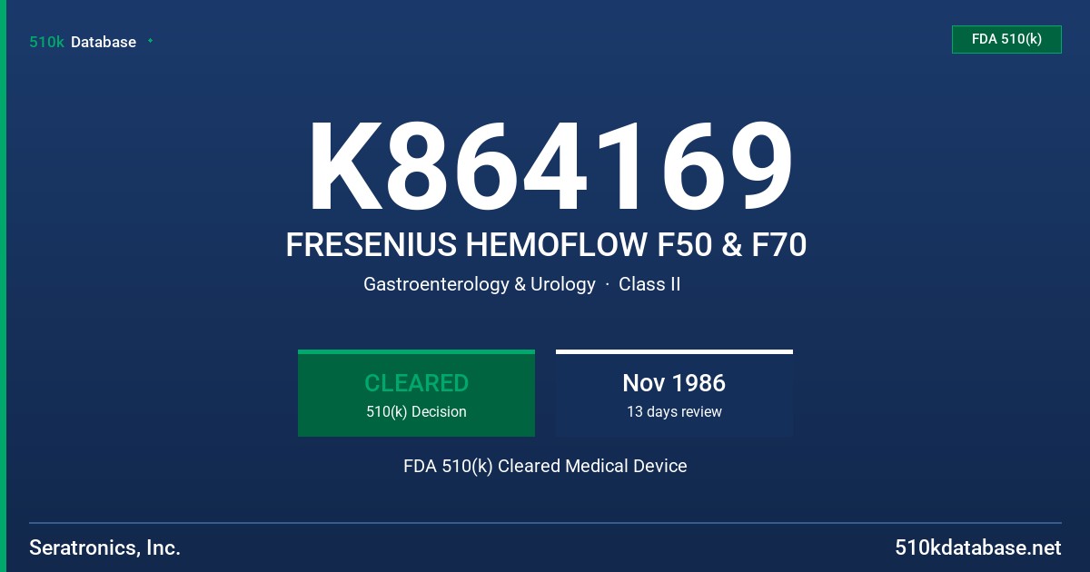 K864169 FRESENIUS HEMOFLOW F50 & F70 FDA 510(k) Cleared Medical Device